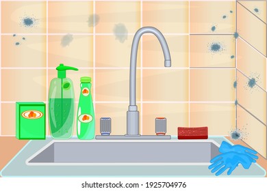 Mold on ceramic tile. Mildew in kitchen. Dark stains on the wall. Toxic mold spores, health hazard. Concept of condensation, damp, high humidity and respiratory problems. Stock vector illustration