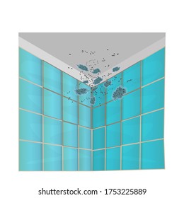 Mold On Walls And Ceiling Isolated On White Background. Mold On The Green Tile In The Bathroom. Mildew In The Shower. Concept Of Condensation, Damp, High Humidity And Respiratory Problems.Stock Vector