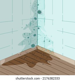 Malt an Wänden und Boden. Malt an der Wand im Badezimmer oder Wohnzimmer. Milde in der Dusche.Stände an Wand und Boden.Konzept von Kondenswasser, Feuchtigkeit, hoher Luftfeuchtigkeit und Atemproblemen.Vektorgrafik