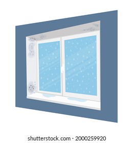 Malt an einem nassen Fenster im Haus. Pilzbildung aufgrund von Feuchtigkeit. Vektorgrafik-Illustration.