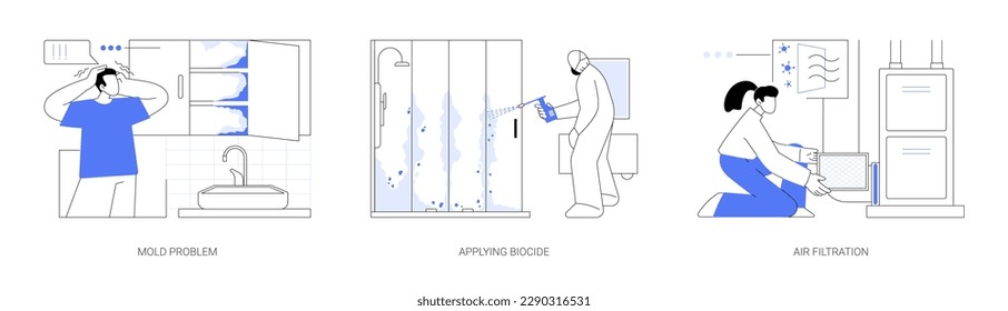 Mold removal in private house abstract concept vector illustration set. Mold problem, applying biocide, air filtration with Hepa filter, property maintenance service abstract metaphor. svg