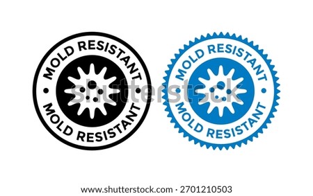 Mold resistant vector stamp or seal. Certification badge with microbe icon, ideal for product packaging, quality control, and anti-fungal material assurance.