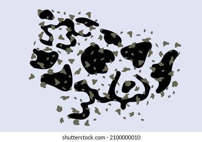 Mold spots, mildew. Black fungus on a damp wall or humidity ceiling. Rotten, toxic stain mold. Health hazard. An isolated spot with a texture. Mildew, black fungus, microbes. Vector illustration.