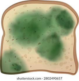 Mold spots on bread slice. Moldy bread spoil food waste. Fungus green round stains. Spore mold microbes. Vector illustration isolated. Mildew infection. Biologically hazardous taint