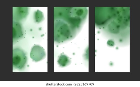 Mold spots poster background. Fungus green round stain. Spore mold microbes microscope view. Mildew infection. Realistic vector illustrations set. Biological hazardous taint. Mold fungi colony growth