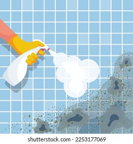 Mold spray. Mold control specialist. Hand in glove sprays the product antifungal. Dangerous fungus to kill. Man cleans bathroom cleaning products. Vector illustration flat design. 