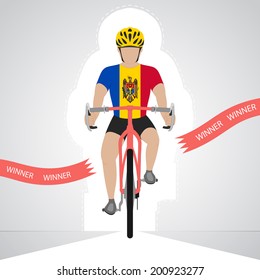 Moldavian cyclist in front view crossing red finish line vector isolated illustration