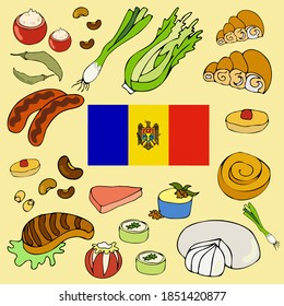 Moldavian food set with traditional dishes and meals. appetizing icons of Moldavian food. Set with Moldavian flag