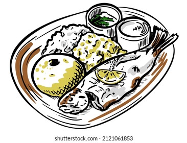 Moldavian national dish mamaliga, scrob egg, cottage cheese, sauce and fried fish. Vector illustration sketch of food