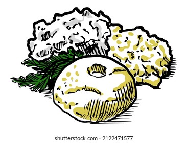 Moldavian national dish mamaliga, scrob egg, cottage cheese, sauce and fried fish. Vector illustration sketch of food