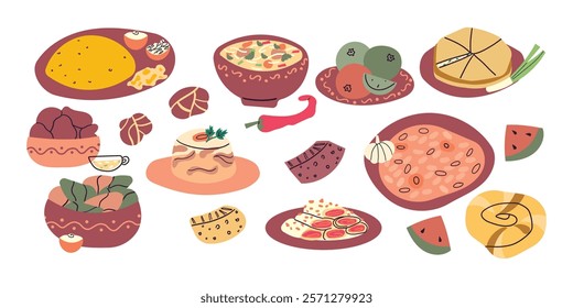 Moldavian national dish mamaliga, scrob egg, cottage cheese, sauce and zeama . Vector illustration doodle flat style traditional romanian and moldavian food.