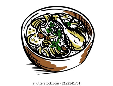 Moldavian national dish zama. Vector illustration of chicken soup