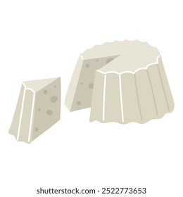 Molded Ricotta cheese in a flat style. A cut triangle from a whole piece. Illustration of a dairy product, light cheese isolated on a white background. One large whole pressed product for sale