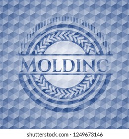 Molding blue emblem with geometric pattern background.
