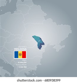 Moldova 3d map with information of area and population of the country.