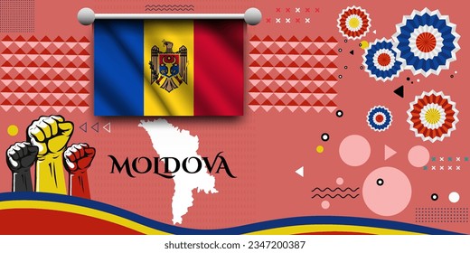 Moldova banner for national day with abstract modern design. Moldova flag and map with typography. raised fists and embroidery background.  independence day. Vector Illustration.