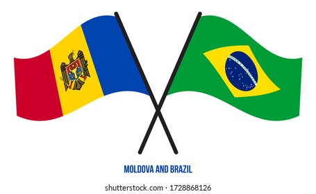 Moldova and Brazil Flags Crossed And Waving Flat Style. Official Proportion. Correct Colors.