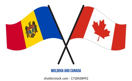 Moldova and Canada Flags Crossed And Waving Flat Style. Official Proportion. Correct Colors.