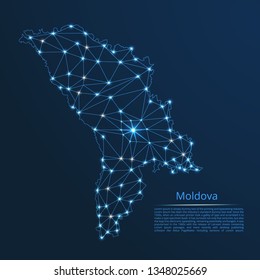Moldova communication network map. Vector low poly image of a global map with lights in the form of cities in or population density consisting of points and shapes in the form of stars and space.