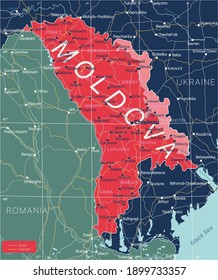 Moldova country detailed editable map with regions cities and towns, roads and railways, geographic sites. Vector EPS-10 file