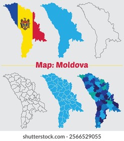 Moldova country map set. internal provinces borders marked, Simple map of Moldova vector drawing, Filled and outline.
