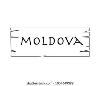 Moldova, country name written on white background, surface inside drawn wooden frame. Vector drawn frame.