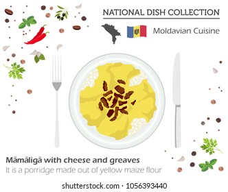 Moldova Cuisine. European national dish collection. Moldavian mamaliga with cheese and greaves isolated on white, infographic. Vector illustration