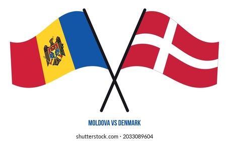 Moldova and Denmark Flags Crossed And Waving Flat Style. Official Proportion. Correct Colors.
