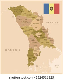 Moldova - detailed map of the country in brown colors, divided into regions. Vector illustration