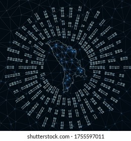 Moldova digital map. Binary rays radiating around glowing country. Internet connections and data exchange design. Vector illustration.