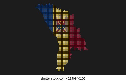 Moldavia salpicó la bandera del mapa con textura gruesa en el estilo de punto mosaico. Ilustración de vector píxel abstracto de un mapa de país con efecto de semitono para infografía. 
