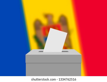 Moldova election banner background. Ballot Box with blurred flag