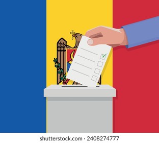 Moldova election concept. Hand puts vote bulletin into vote box.