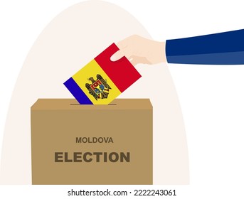 Moldova election and vote concept, political selection, man hand and ballot box, democracy and human rights idea, election day, vector asset with Moldova flag