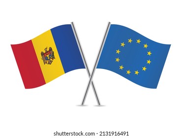 Moldova and European Union crossed flags. Moldovan and EU flags on white background. Vector icon set. Vector illustration.