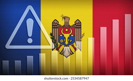 Moldova flag with burlap texture, warning sign, and rising bar chart symbolizing increasing risk or growth challenges in the country. Ideal for data presentations.