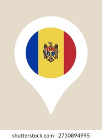 Bandeira da Moldávia com brasão de armas dentro de um ícone de pino de mapa branco representando a localização nacional, viagens e geografia.