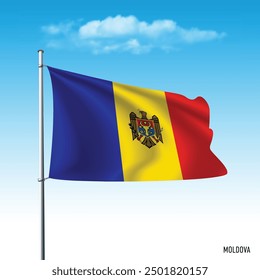 Moldova flag flying on blue sky, vector illustation.