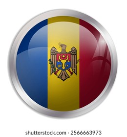 Moldova flag - glossy circle button displays a colorful flag representing a country cultural identity and heritage. The essence of national pride and unity.