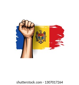 Moldova flag and hand on white background. Vector illustration