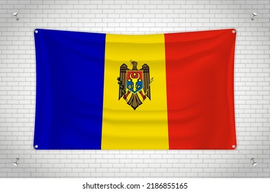 Moldova flag hanging on brick wall. 3D drawing. Flag attached to the wall. Neatly drawing in groups on separate layers for easy editing.