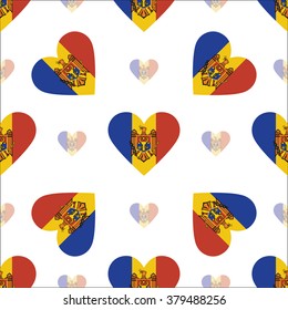 Moldova flag heart seamless pattern. Patriotic Moldova flag background. Country flag in the shape of heart. Vector seamless pattern.