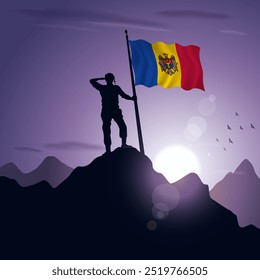 Moldova Flag hoisted on a mountain peak with a purplish sunset in the background, vector illustration