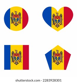 Icono de Moldavia establecido en 4 versiones de forma. Colección de símbolos de bandera nacional con formas cuadradas, redondas, cardíacas, rectangulares y pentágonos.