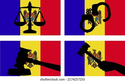 Moldova flag with justice vector silhouette, judge gavel hammer and scales of justice and handcuff silhouette on country flag, Moldova law concept, design asset, freedom idea