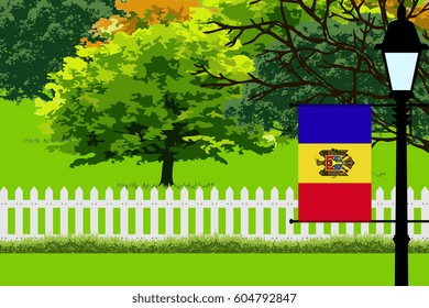 Moldova Flag, Landscape of Park, Trees, Fence wooden and Street light Vector Illustration 
