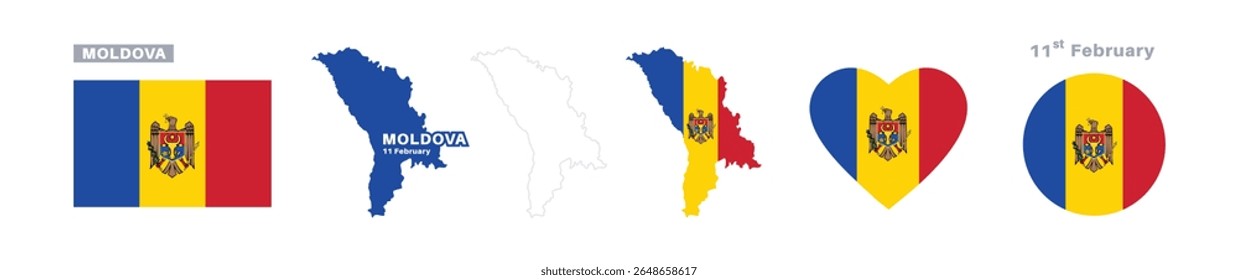moldova flag and map set. moldova flag in official colors and proportions. independence day 11 february , map, circle and heart shaped moldova