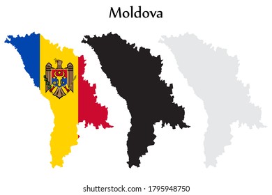 Bandera de Moldavia y forma de mapa color negro y gris. EPS.file.