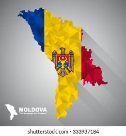 Moldova flag overlay on Moldova map with polygonal and long tail shadow style (EPS10 art vector)