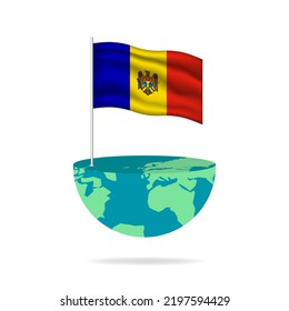 Moldova flag pole on globe. Flag waving around the world. Easy editing and vector in groups. National flag vector illustration on white background.